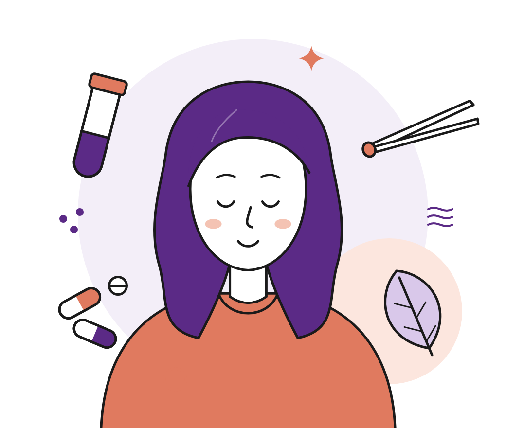 Illustration of a smiling woman surrounded by tweezers, a test tube, capsules and a leaf