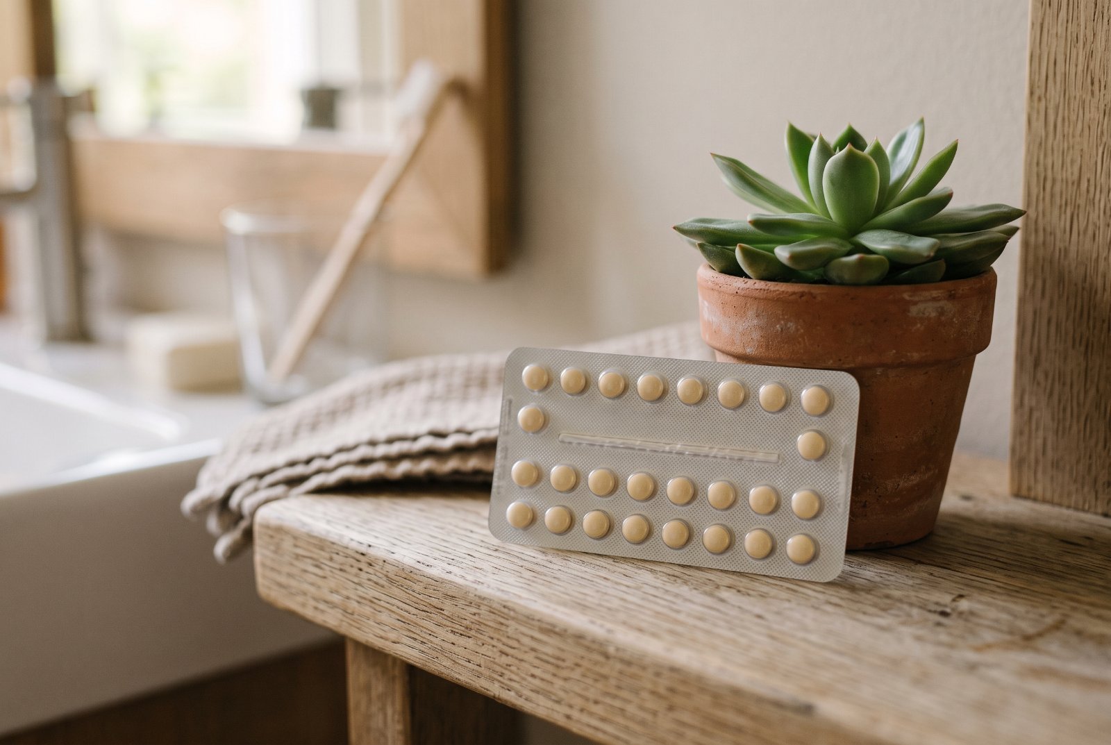 Birth control pill pack on a bathroom shelf