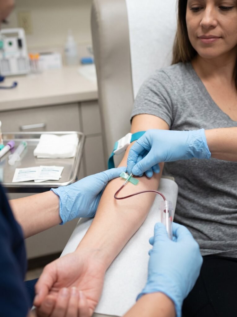 Blood being drawn from a woman’s arm for hormone tests