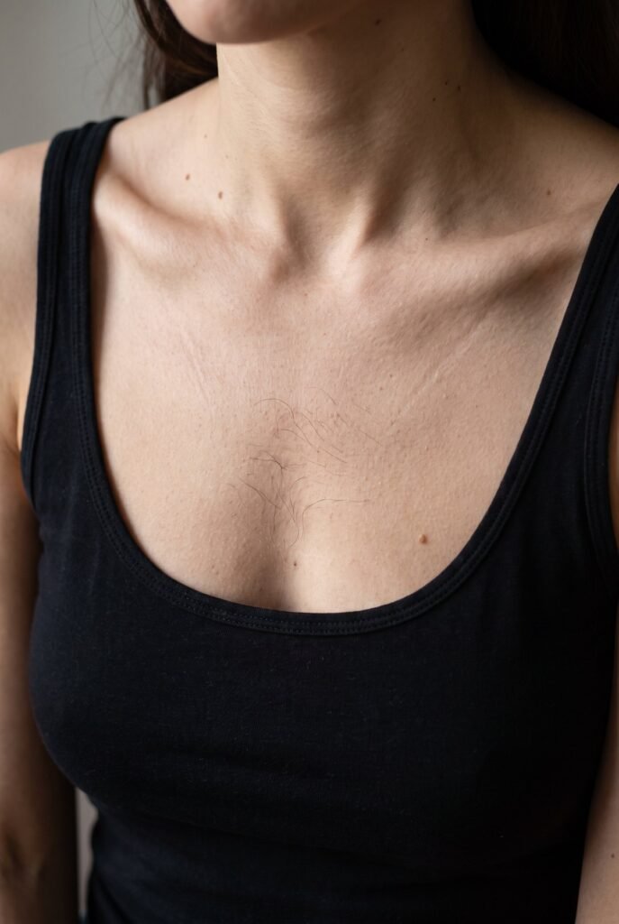 Woman’s upper chest above a black tank top