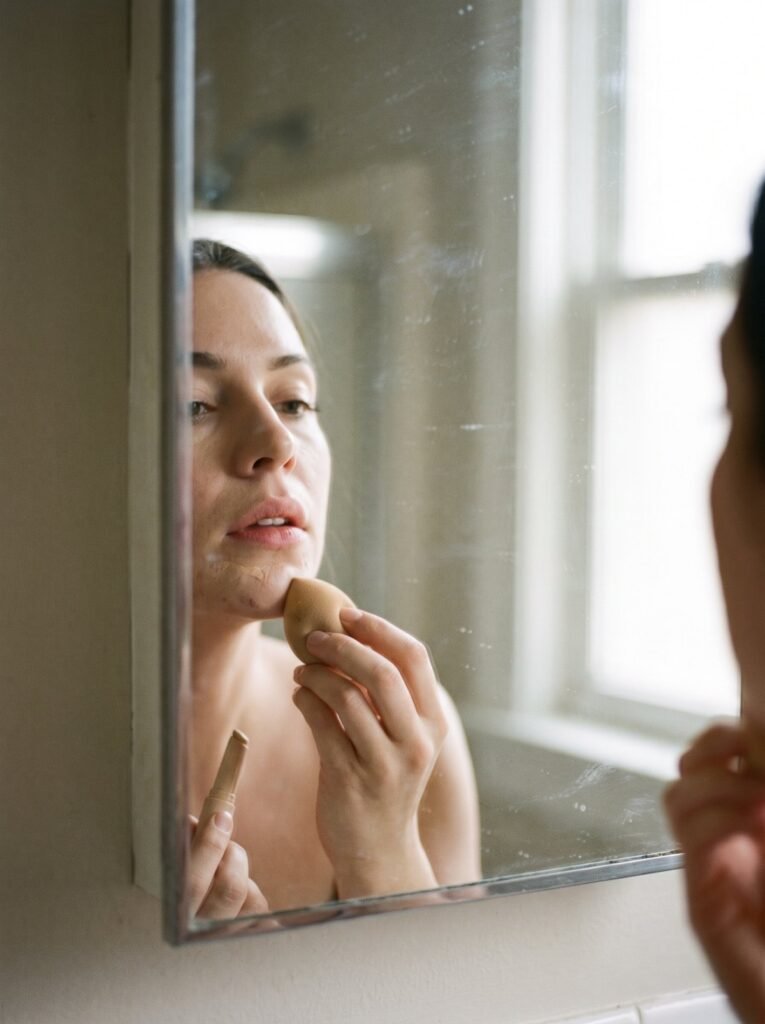 Woman applying concealer to her chin