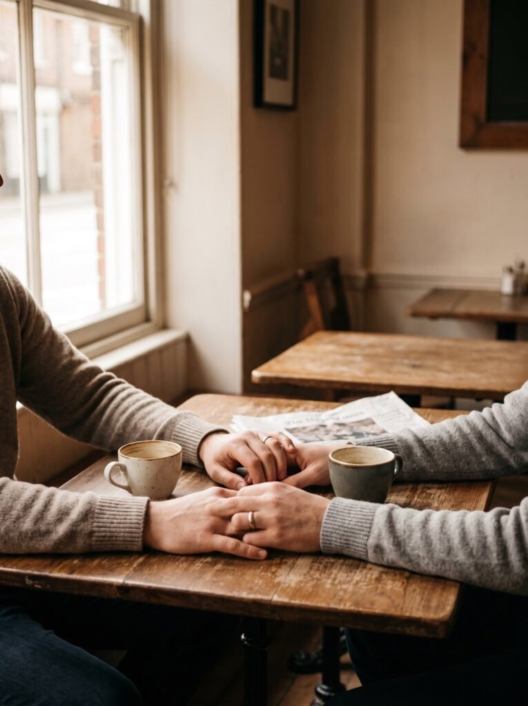 Couple holding hands across a café table