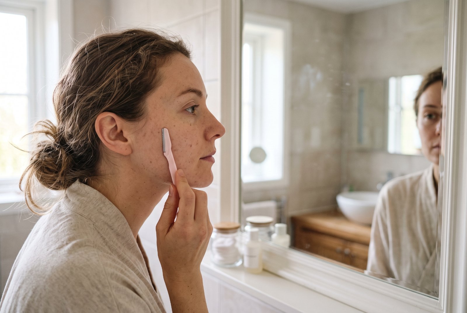Woman dermaplaning her cheek