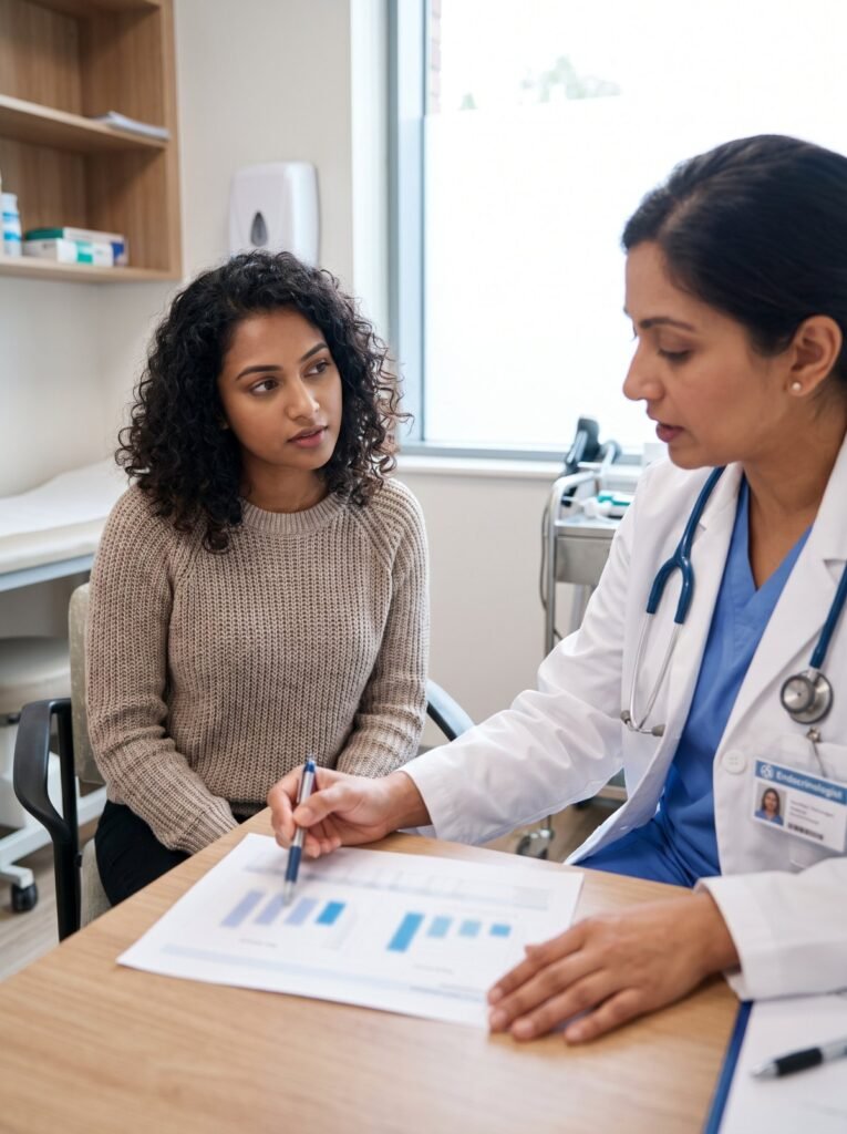 Woman discussing lab results with an endocrinologist