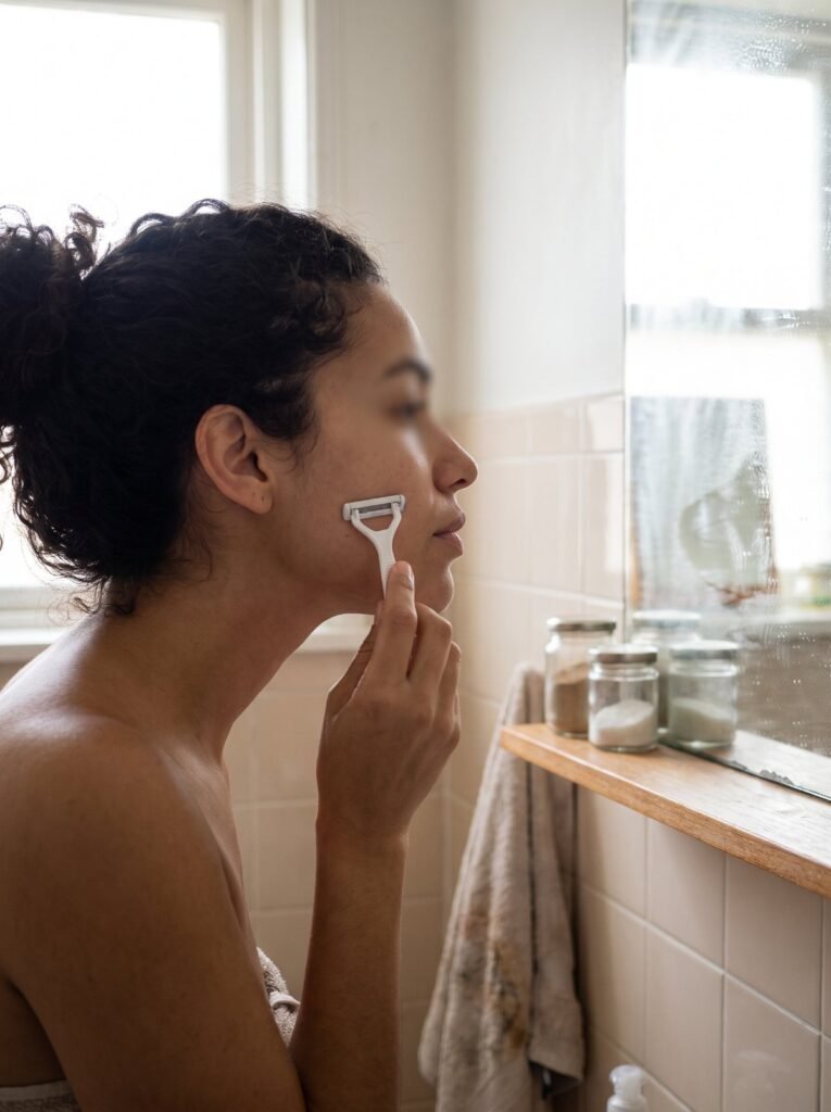 Woman shaving her face with a small facial razor