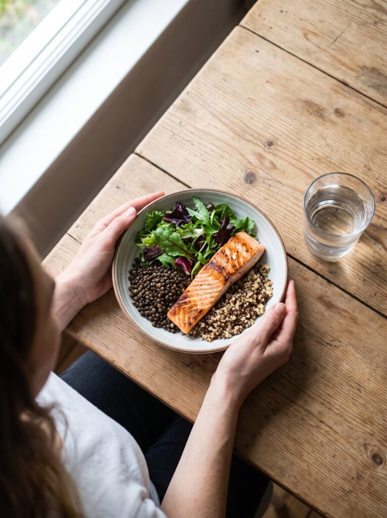 Balanced meal with salmon, greens and lentils