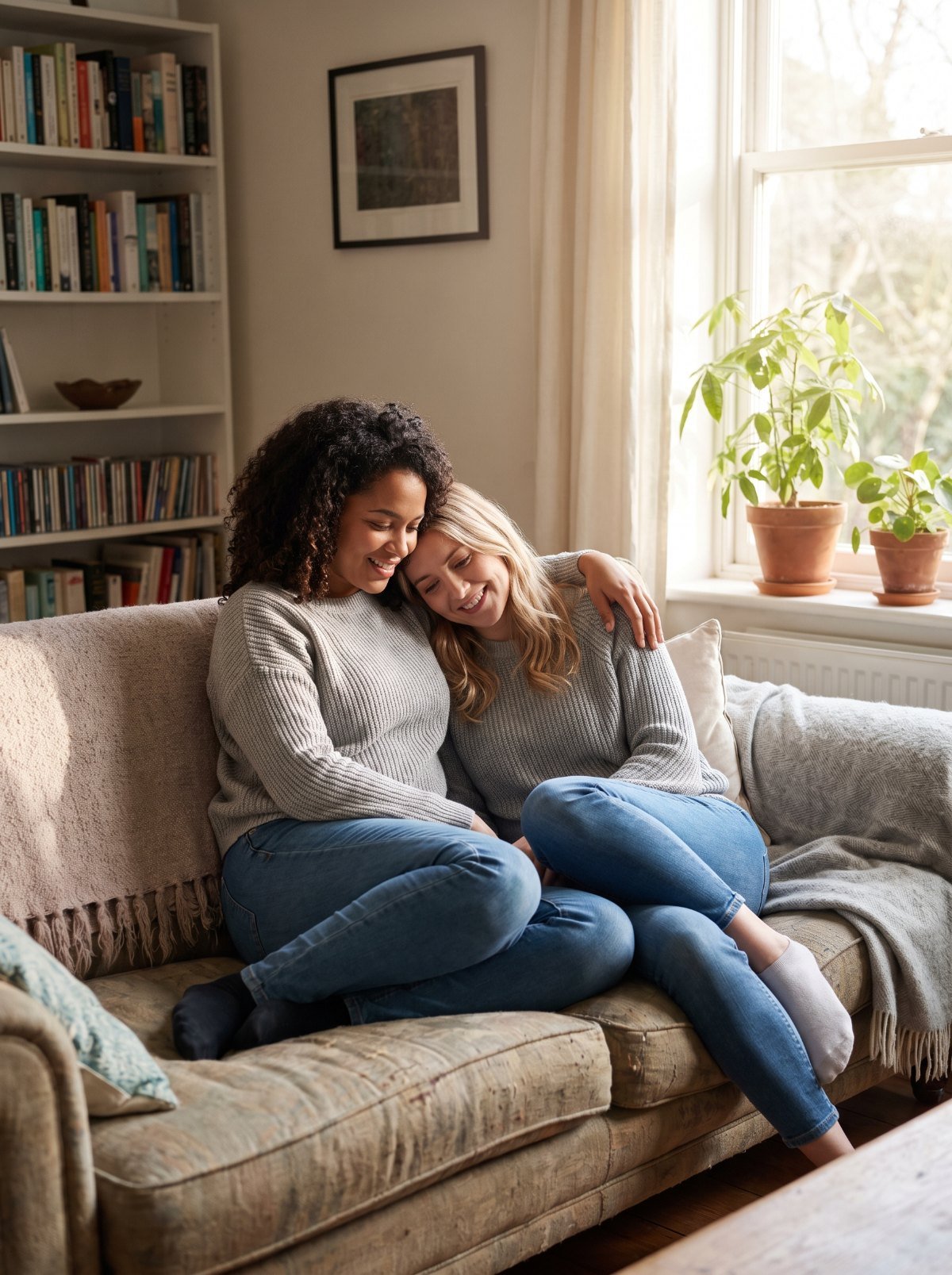 Two friends talking on a sofa, one comforting the other