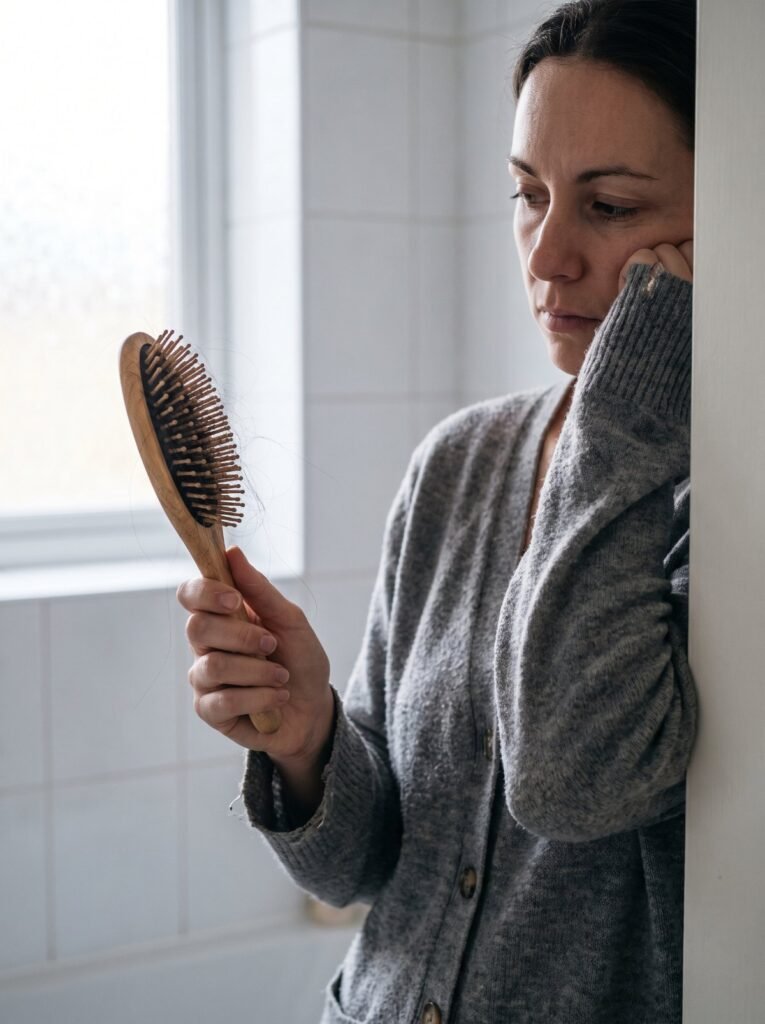 Woman holding a hairbrush with shed hair