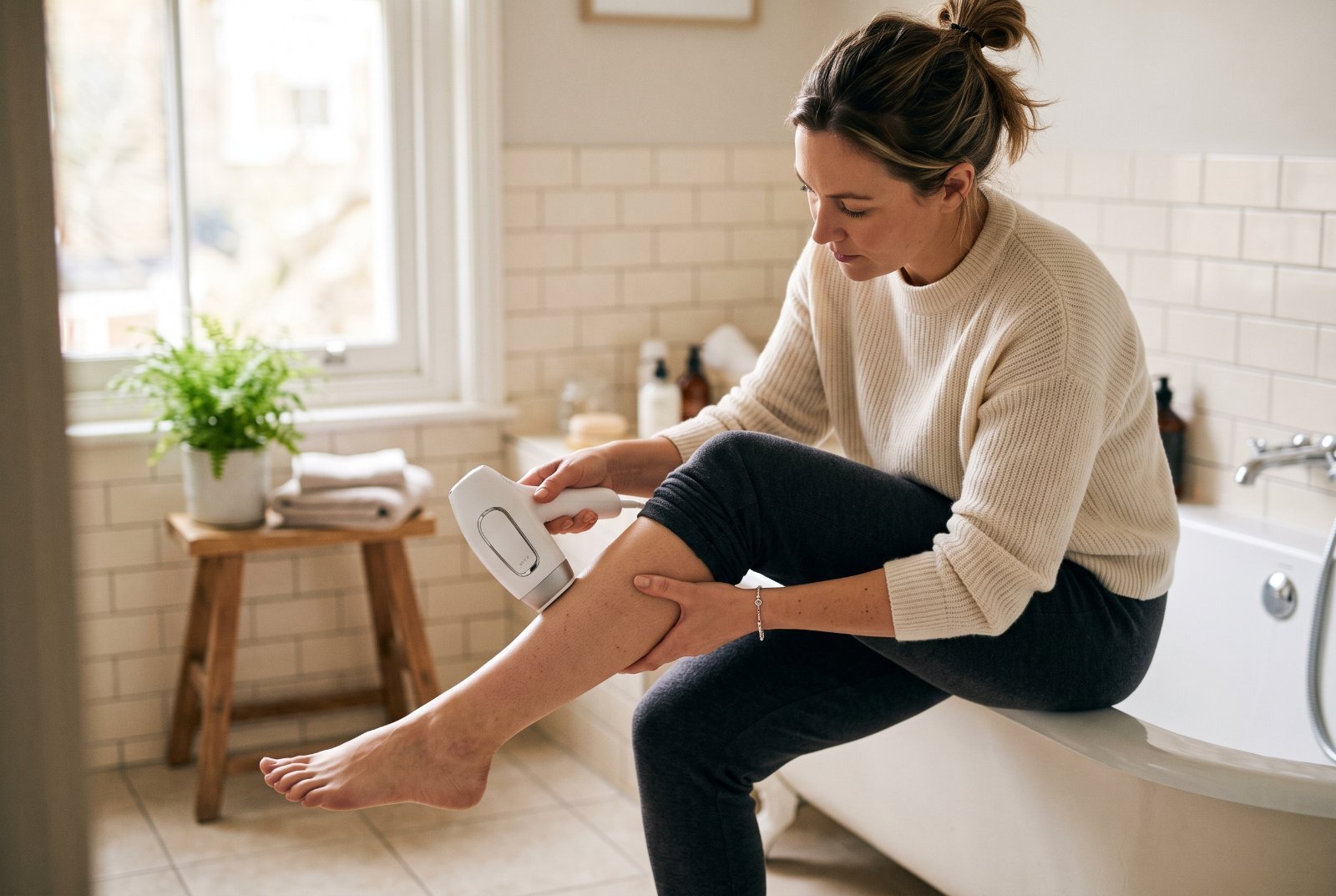 Woman using an at-home IPL device