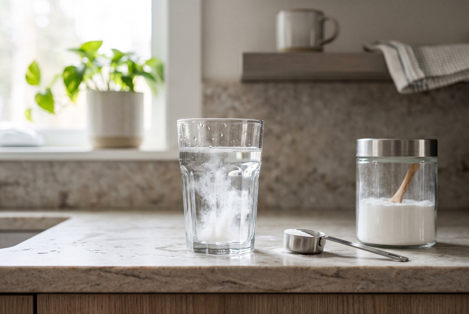 Powder supplement dissolving in a glass of water