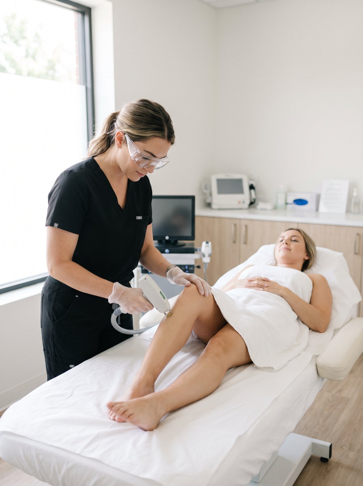 Laser hair removal treatment on a woman’s leg
