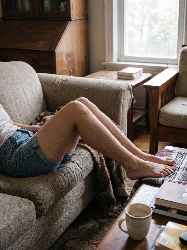 Woman with visible leg hair relaxing on a sofa