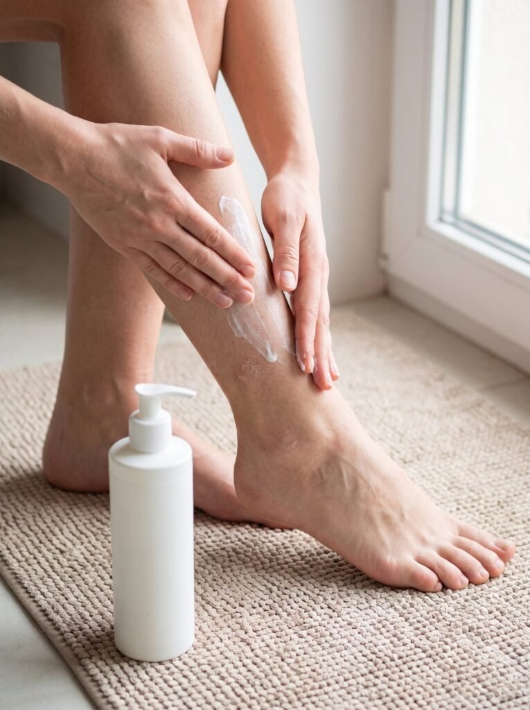 Woman applying exfoliating lotion to her legs