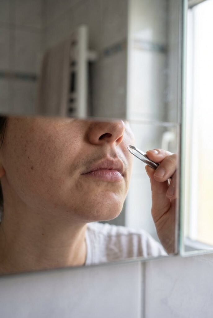 Woman tweezing upper lip hair in a mirror