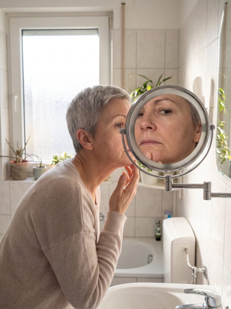 Woman in her 50s checking her chin in a magnifying mirror