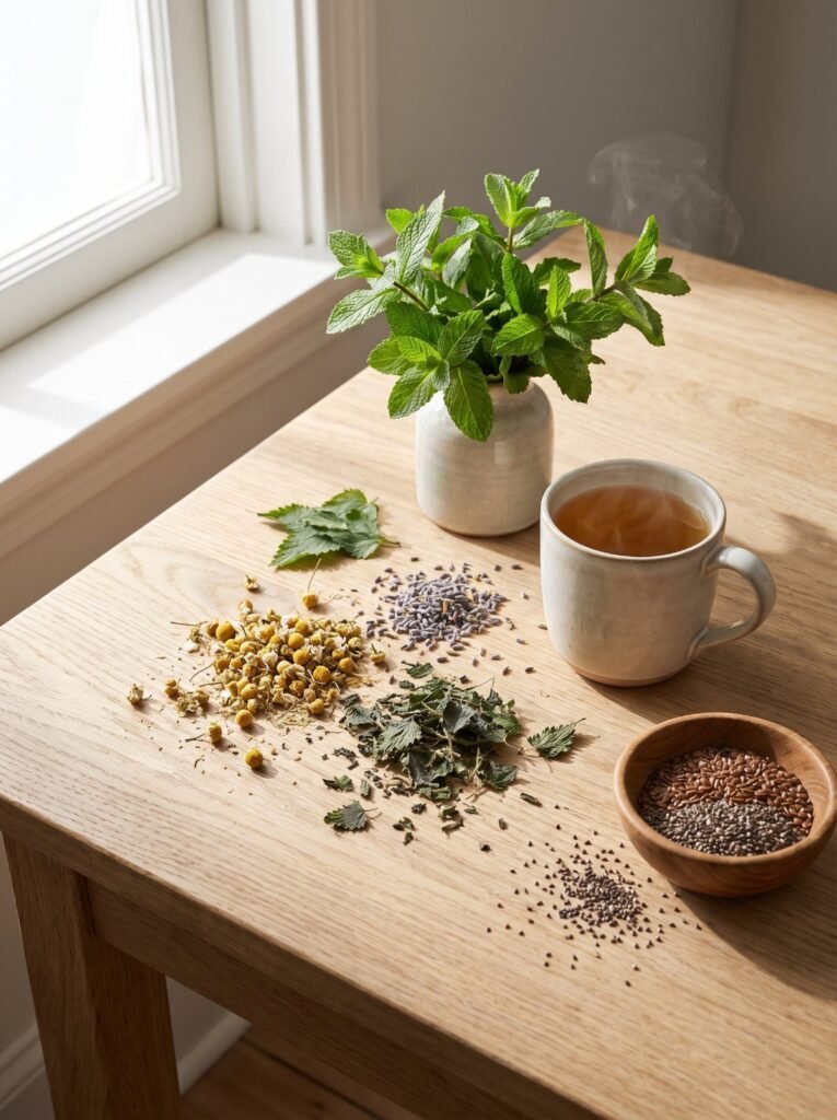 Herbs, seeds and herbal tea on a kitchen table