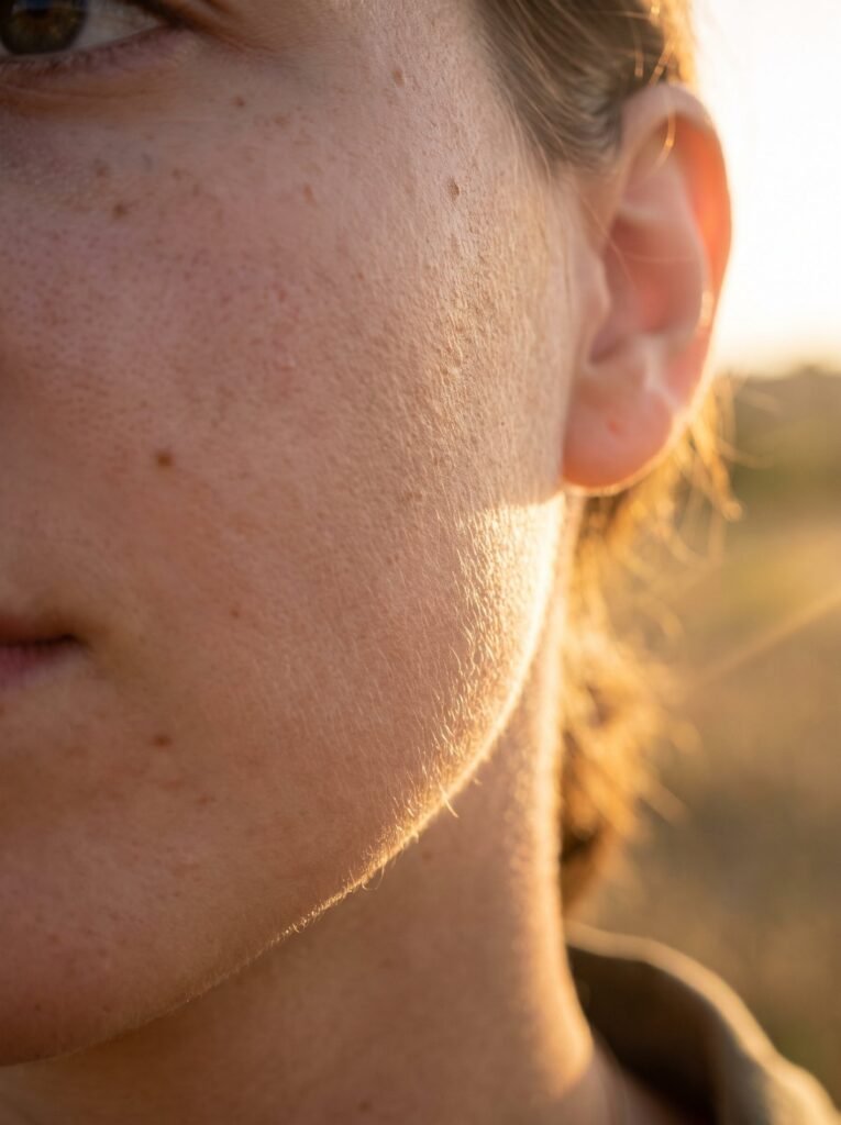 Backlit peach fuzz on a woman’s cheek