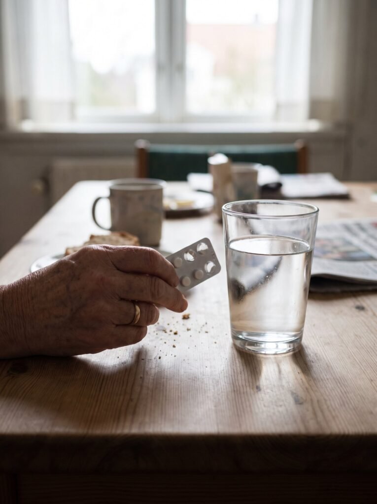 Woman holding a blister pack of pills with a glass of water