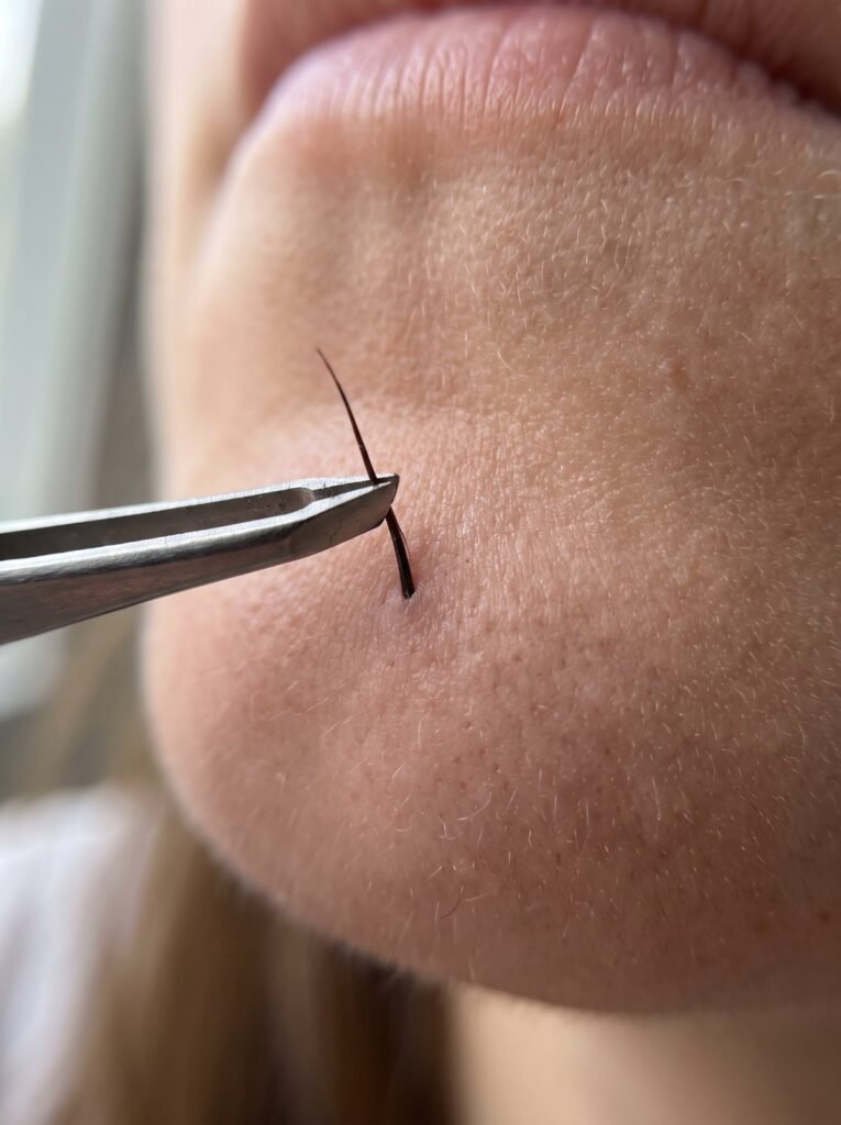 Tweezers removing a dark hair from a woman’s chin