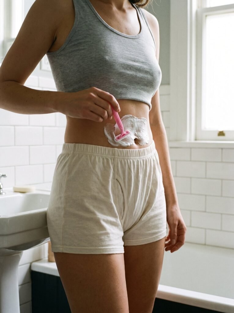 Woman shaving her stomach with shaving foam