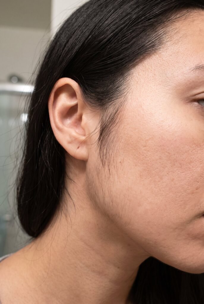 Side of a woman’s face near the ear