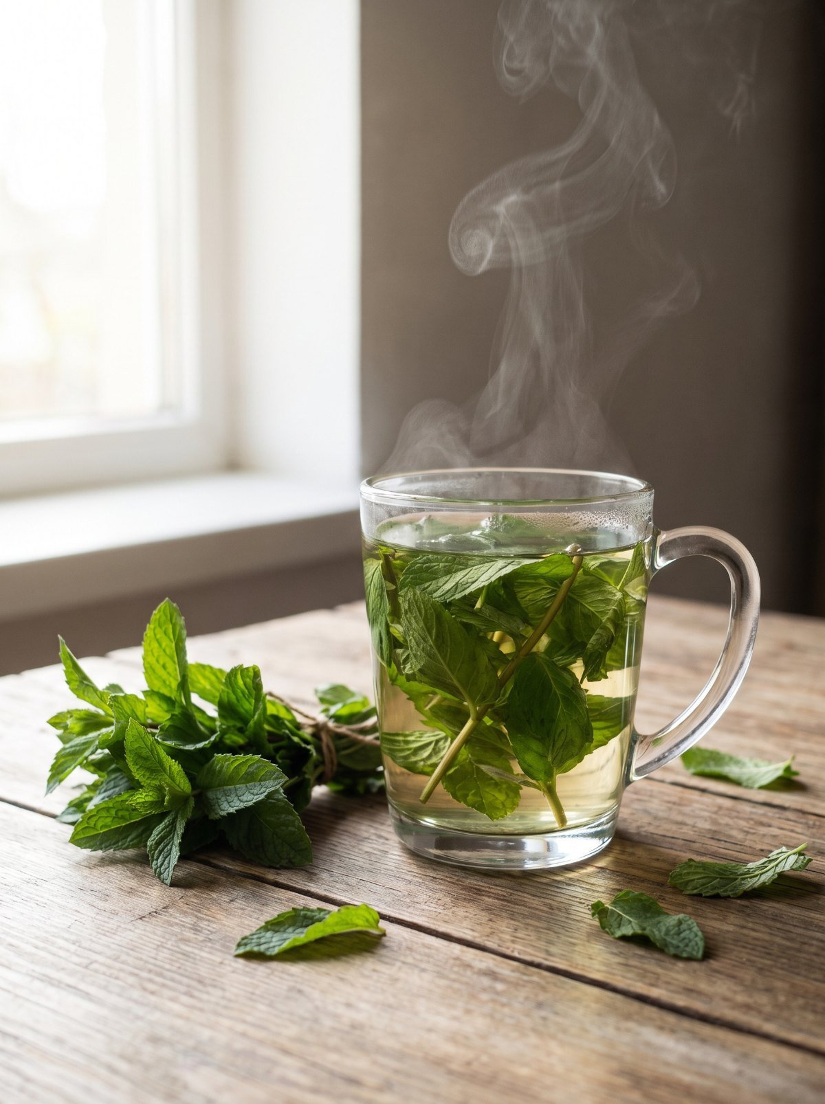 Mug of fresh spearmint tea with mint leaves