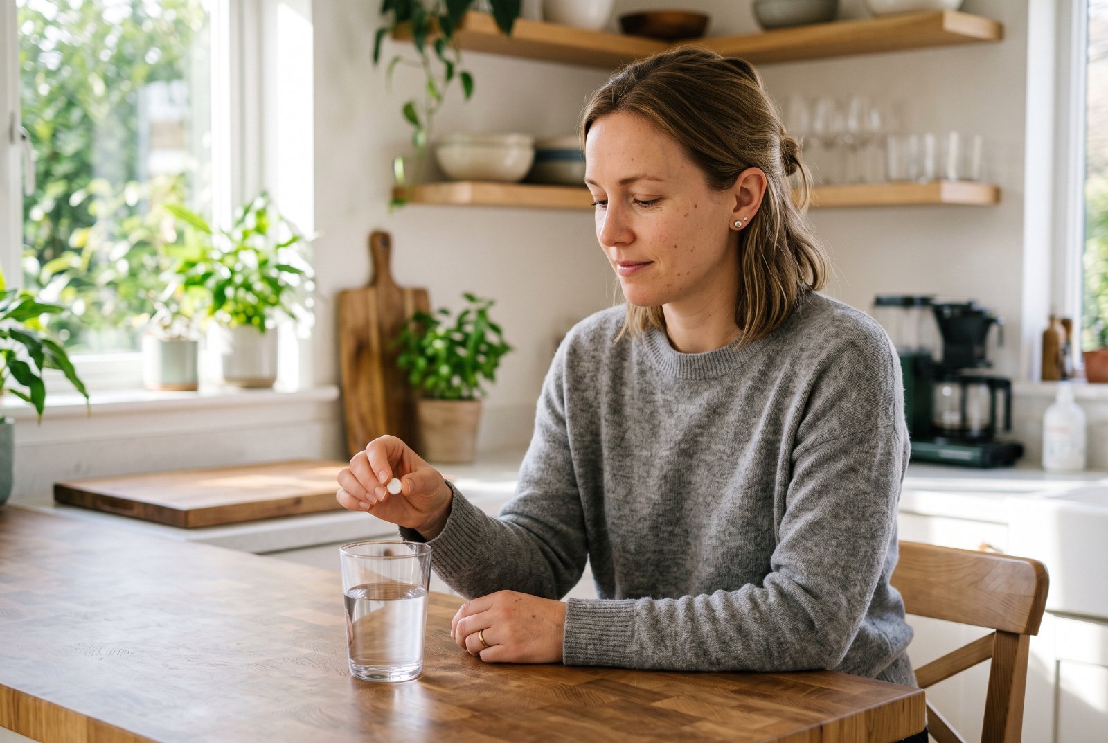 Woman holding a pill next to a glass of water
