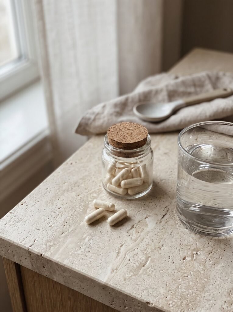 Plain supplement capsules next to a glass of water