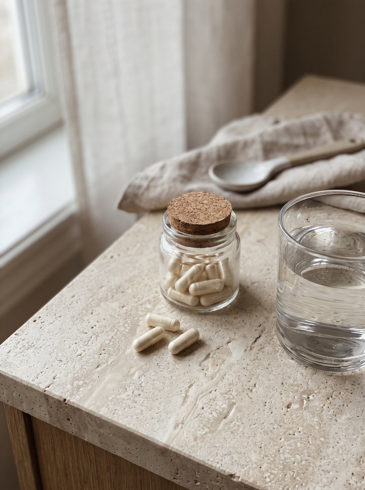 Plain supplement capsules next to a glass of water