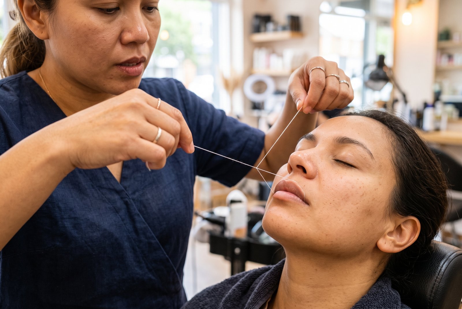 Upper lip threading at a salon