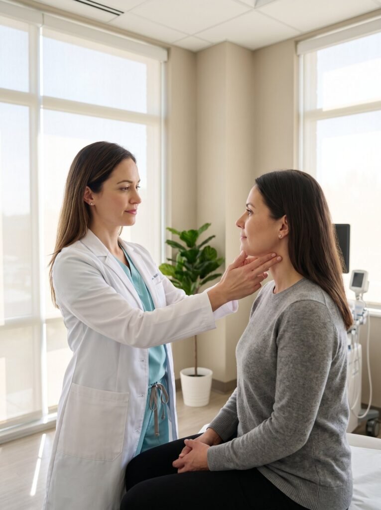 Doctor checking a woman’s thyroid