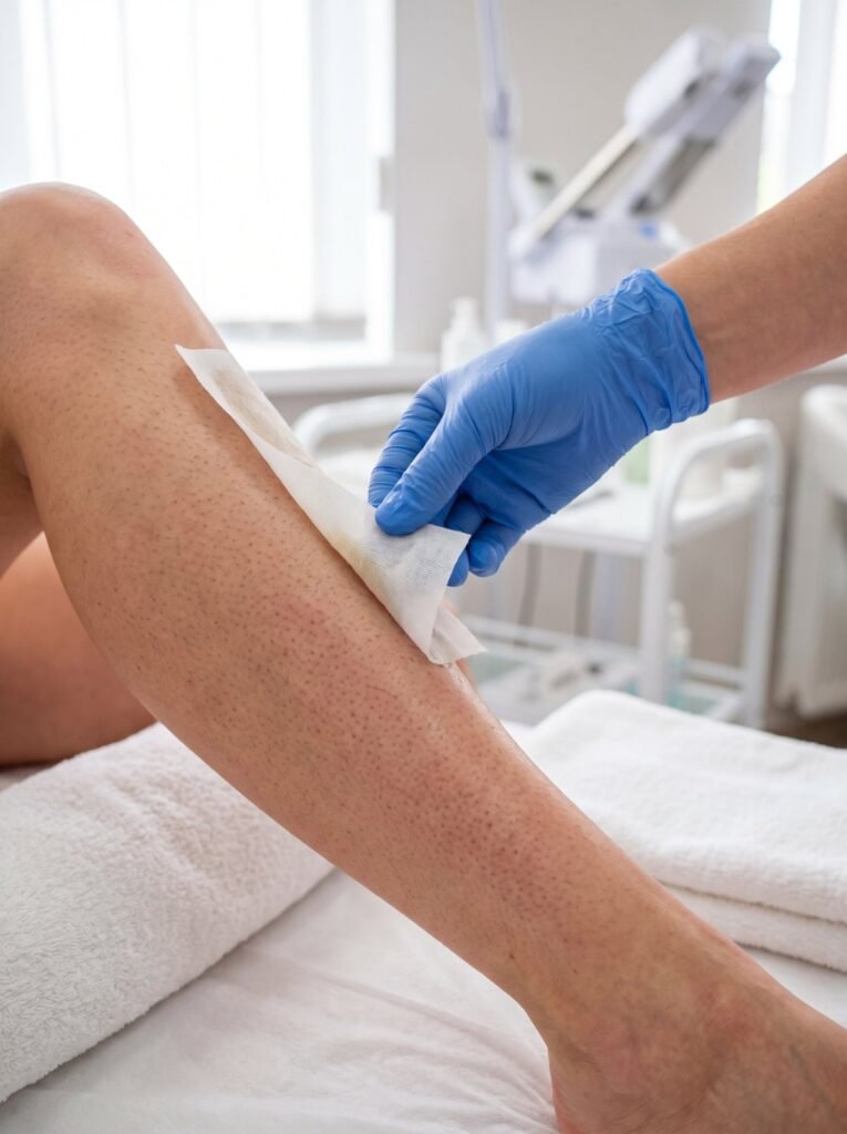 Wax strip being removed from a woman’s calf